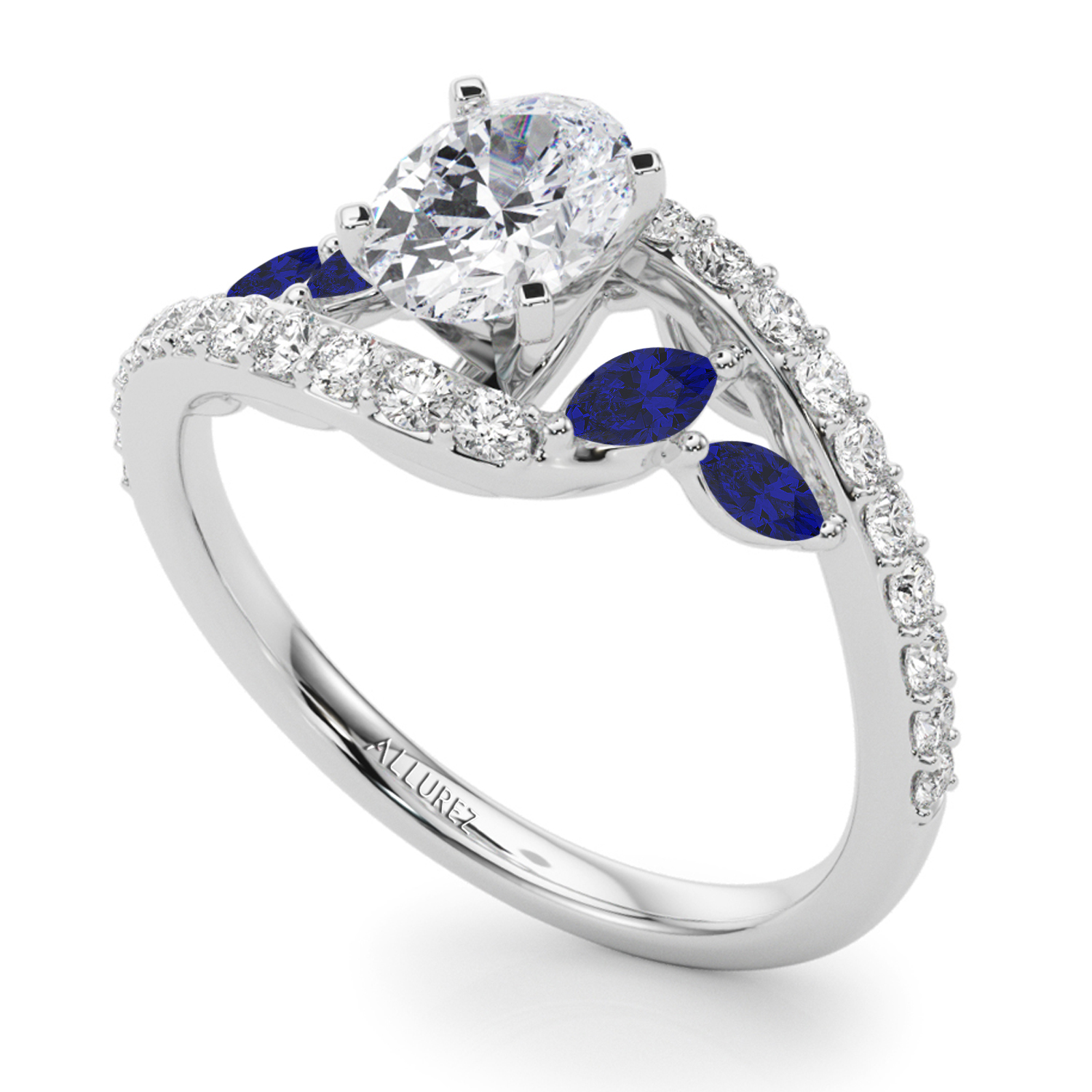 Swirl Design Lab Grown Diamond & Marquise Sapphire Engagement Ring 14K White Gold (0.63ct)